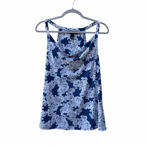INC Blue/White Embroidery Sleeveless Cowl Neck Women Size L